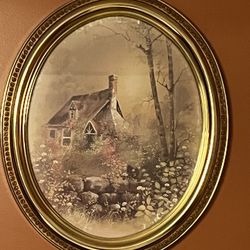 Vintage Print In Gold Plastic Oval Frame 