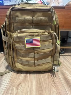 Tan Tactical MOLLE Backpack with US Flag Patch