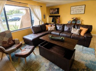 Brown Leather Sectional + Chair + Lift-Top Coffee Table