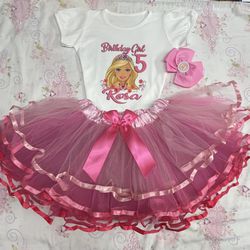 barbie 5th birthday tutu dress for party personalized with name and number. 3 pieces 
