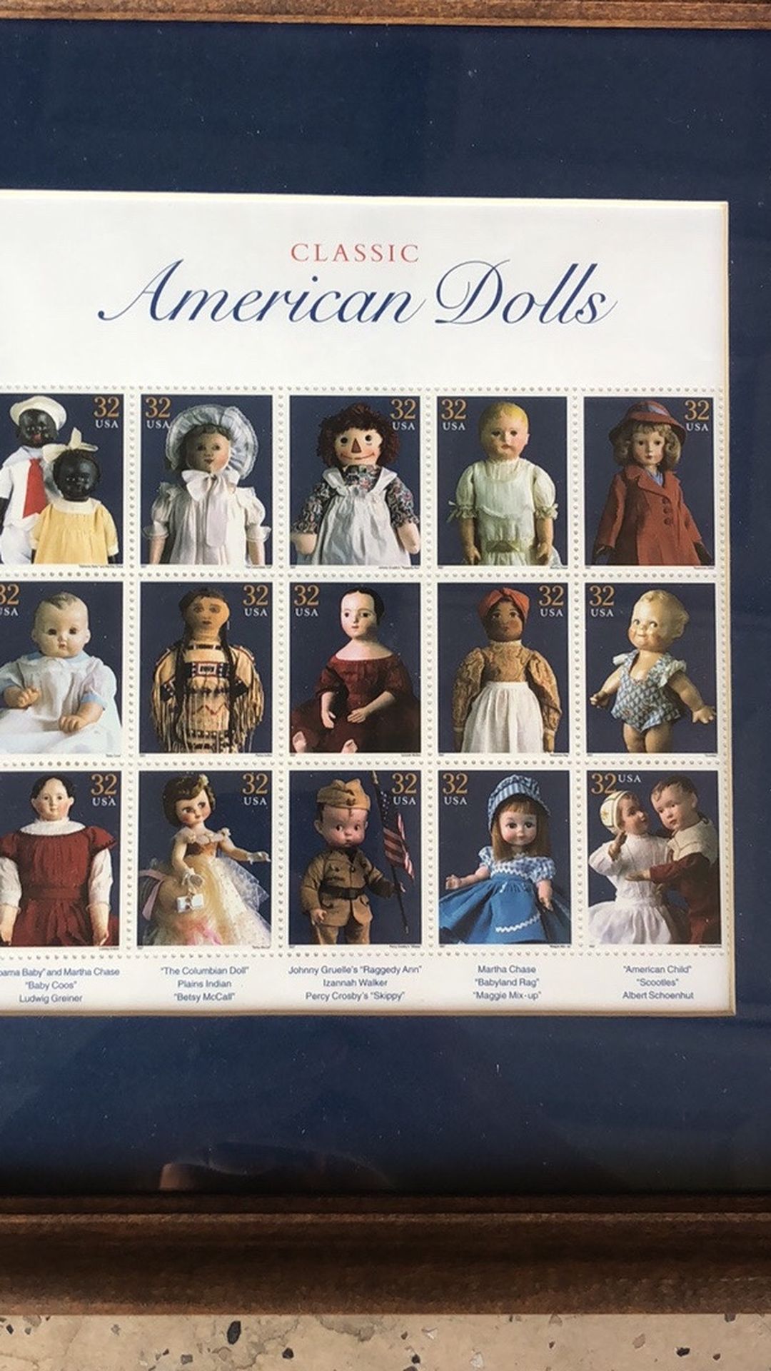 Framed Vintage Classic American Dolls Stamps Approx 11.25”x11.25”