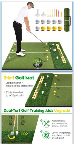 3-in-1 Golf Hitting Mat 5x4 ft - Dual Turf Practice Mat with 9 Balls & Tees