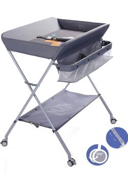 Baby Portable Folding Diaper Changing Station with Wheels, Adjustable Height Mobile Nursery Organizer with Safety Belt & Large Storage Racks, Newborns