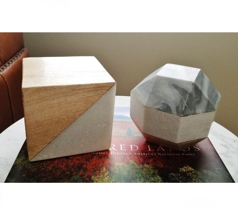 West Elm Modern Deco Sculptures Wood Marble Stone Bookends Accent, 2pc Set