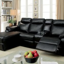 Brand New Black Leather Reclining Sectional Sofa Built-in Cup Holders & Storage