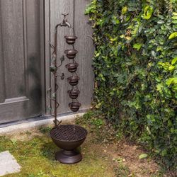 Outdoor Floor Tiered Vintage Water Fountain w/ 6 Hanging Cups, Soothing Tier Waterfall, 38", Bronze