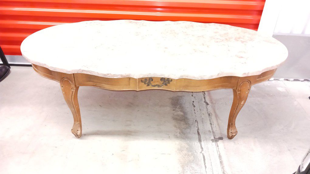 Vintage Hammary French Provincial Pink Marble Top Oak Wood End Table Side Table

For Sale