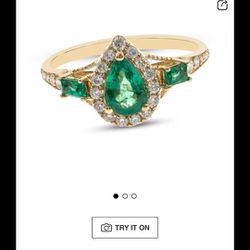 Pear Shaped & Baguette-Cut Emerald & Diamond Ring 1/5 ct tw 10k Yellow Gold 