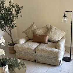 Living room furniture, gray couch, large mirror, mirror table