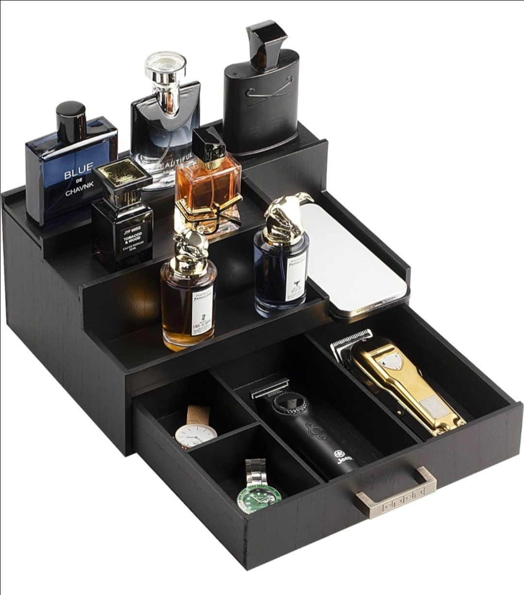 Cologne Organizer for Men, 3 Tier Perfume Display Stand with Drawer and Hidden Compartments