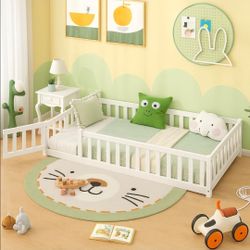 Twin Floor Bed with Fence for Kids, Wooden Montessori Bed Frame with Lockable Door & Guardrails