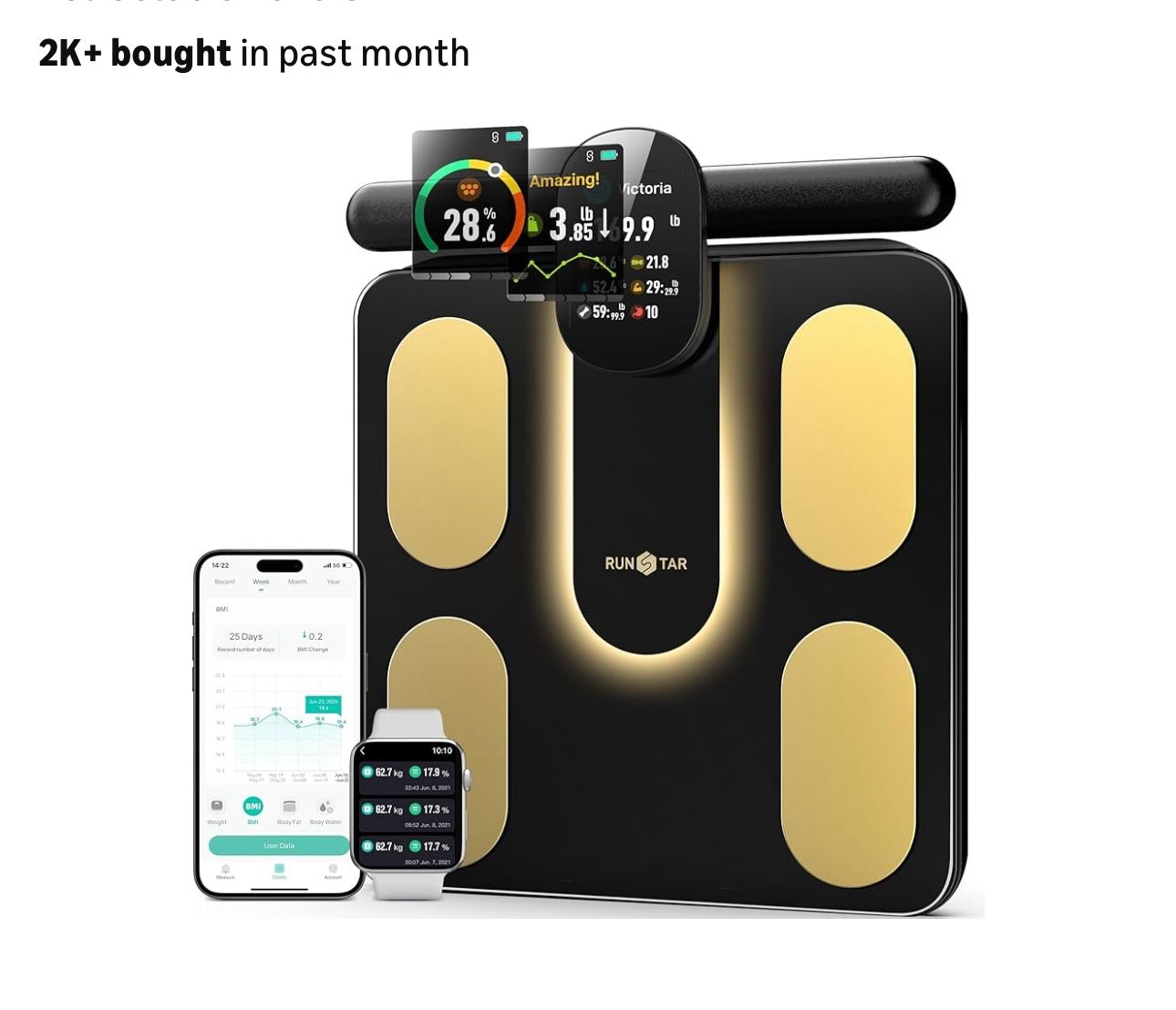 RunStar Smart Scale FSA&HSA Eligible, 8 Electrodes Digital Bathroom Scale for Body Weight and Fat,
