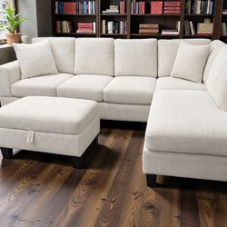 Brand new corduroy sectional sofa with storage ottoman. (Available for same day pickup/delivery)