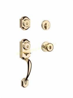 Kwikset Signature Series Montara Polished Brass Exterior Single-Cylinder Deadbolt and Keyed Entry Door Handleset ft. SmartKey Security