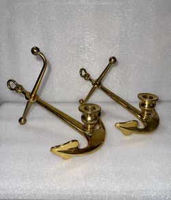 Two Vintage Solid Brass Fishermans Anchor Candle Holder MCM , Rare 