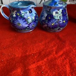 Hand Painted Blue Greek Ceramic Floral Design Milk/Sugar Set Imported From Greece
