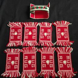 8 Crossstich Mug Rugs / Coasters Red & White With Holder
