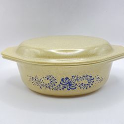 VTG Pyrex Homestead Tan Speckled w/Blue Cinderella Design Oval Pattern 1.5qt Casserole Dish with Lid