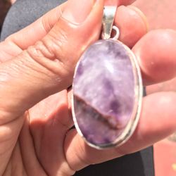 Amethyst Cabochon Pendant silver Set Gemstone Over 1”