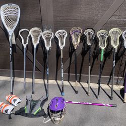Huge Lacrosse Gear Lot - 10 Sticks, Pads, Helmet, Goalie Gear-350