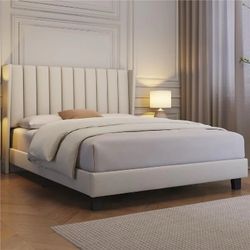 Upholstered Bed Frame with Wing Side, Platform Bed Frame with Channel Headboard, Mattress Foundation with Wood Slat Support, No Box Spring Needed, Eas
