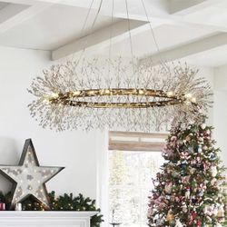 ALOADECOR W47 in 16-Lights Stainless Steel Firework Crystal Chandeliers in Antique Bronze Wagon Wheel Round Pendant Ring Ceiling Lighting for Living R