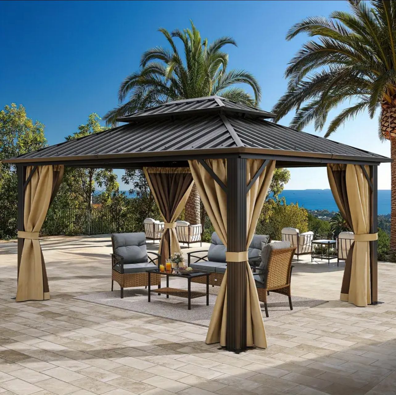 10x12ft Gazebo Double Roof Canopy with Netting and Curtains, Outdoor Gazebo 2-Tier Hardtop Galvanized Iron Aluminum Frame Garden Tent for Pa