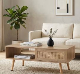 Boho Wood Coffee Table with Rattan Drawer