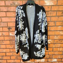 Long Open Front Cardigan Floral Print Front Pocket Size XL