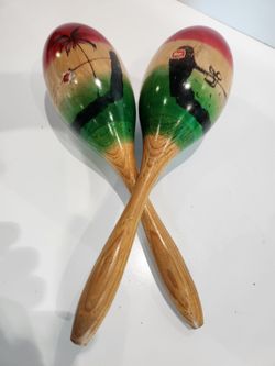 Vintage Mexican Hand Painted Wooden Maracas Pair Folk Art Musical Instrument