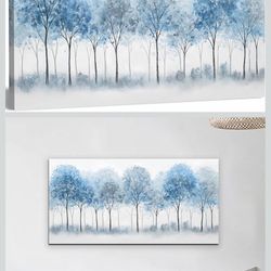 Brand New Trogonup Large Blue Forest Wall Art for Living Room White Misty Trees Landscape Pictures Artwork for Bedroom Office Canvas Prints Home Decor