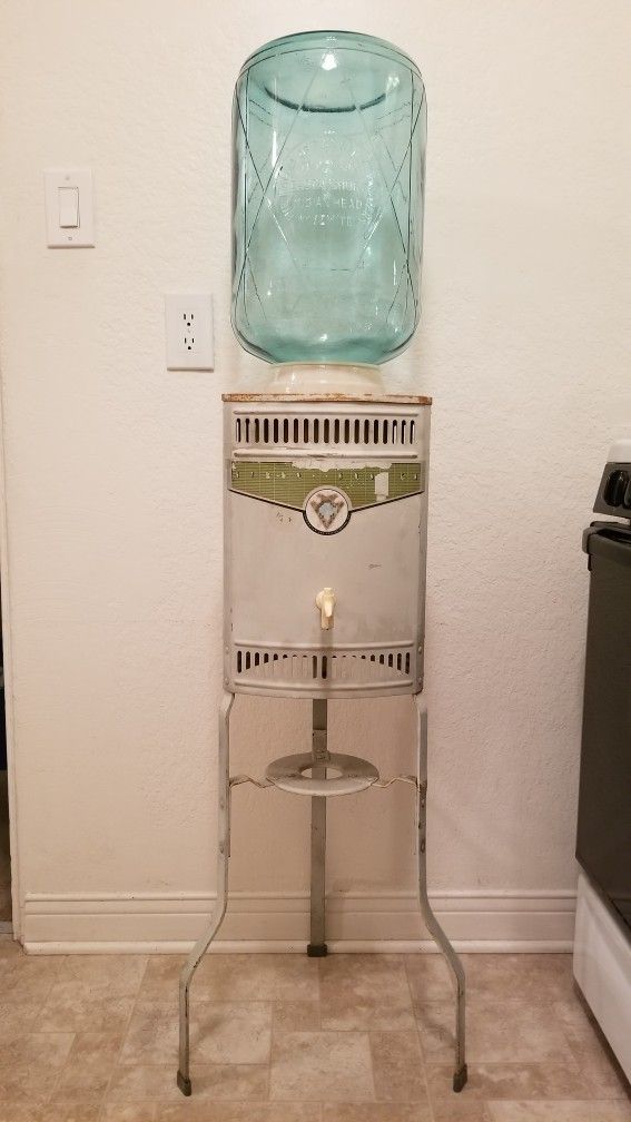 LOOK! Vintage Arrowhead Puritas Bottled Water Dispenser Stand w/ Glass Bottle!
