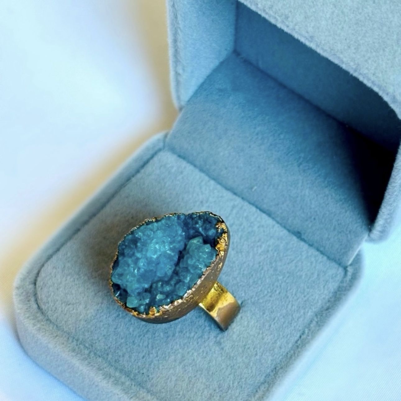 Sz 8 8.25 8.5 Druzy Quartz Gem Turquoise Pear Cut Gemstone Fine Art Ring Unisex Solid Metal Plated Gold Filled Free Form MEN WOMEN New w/ Box
