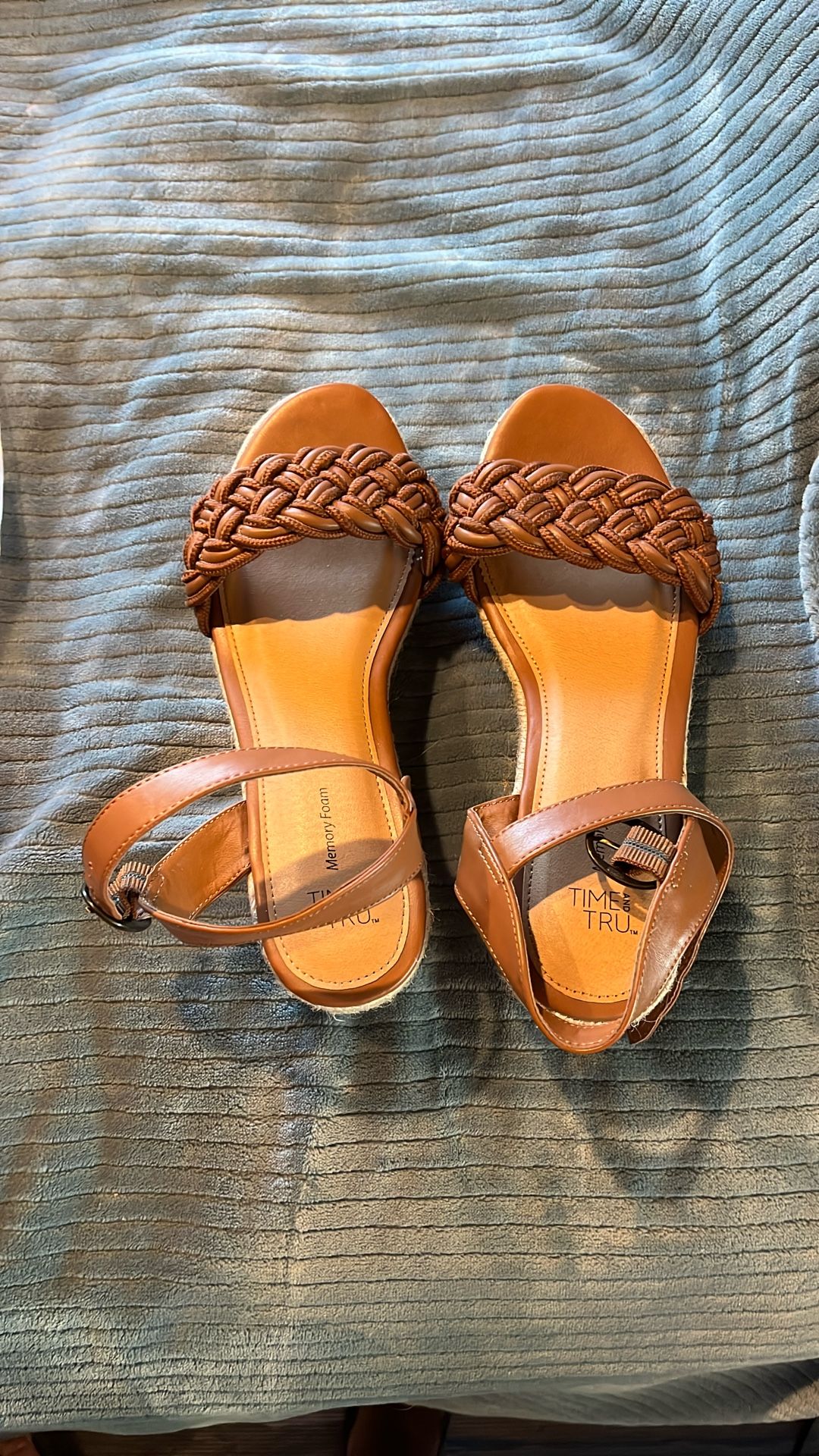 Time and Tru Women's Braided Wedge Sandals in cognac brown with a memory foam footbed.