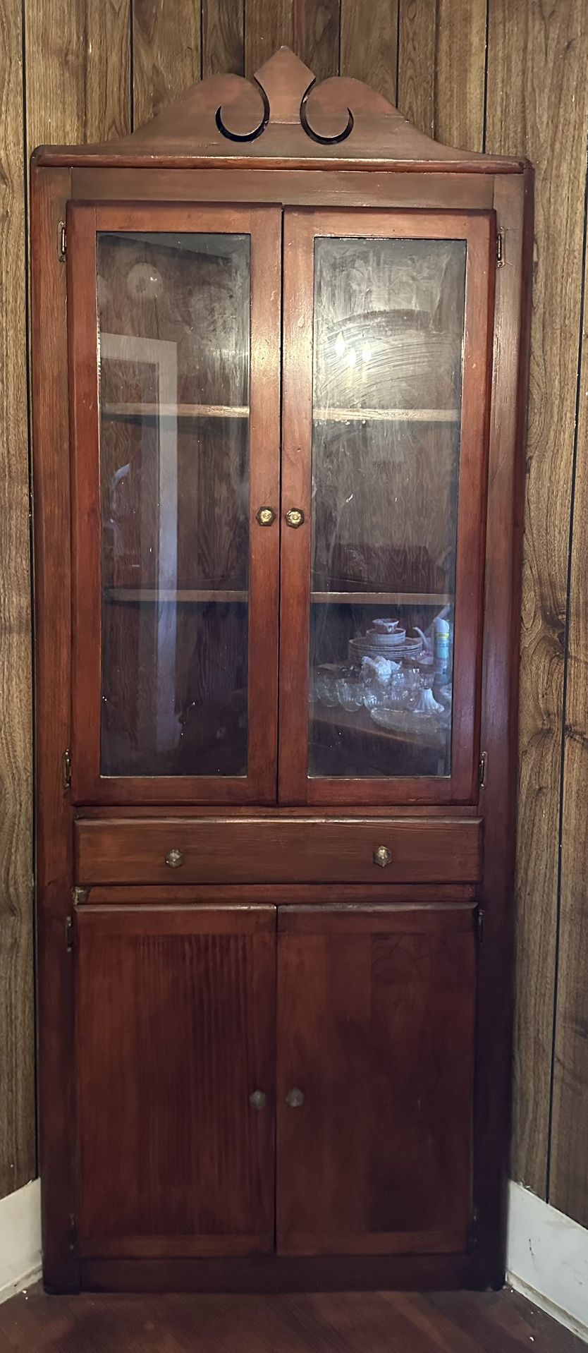 Antique Corner Federal Solid Wood Cupboard With Glass Doors Cherry Wood