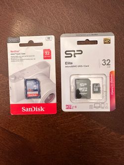 New Two 32 GB SD Cards; SANDISK 32 GB Memory Card + 32GB microSD Memory Card