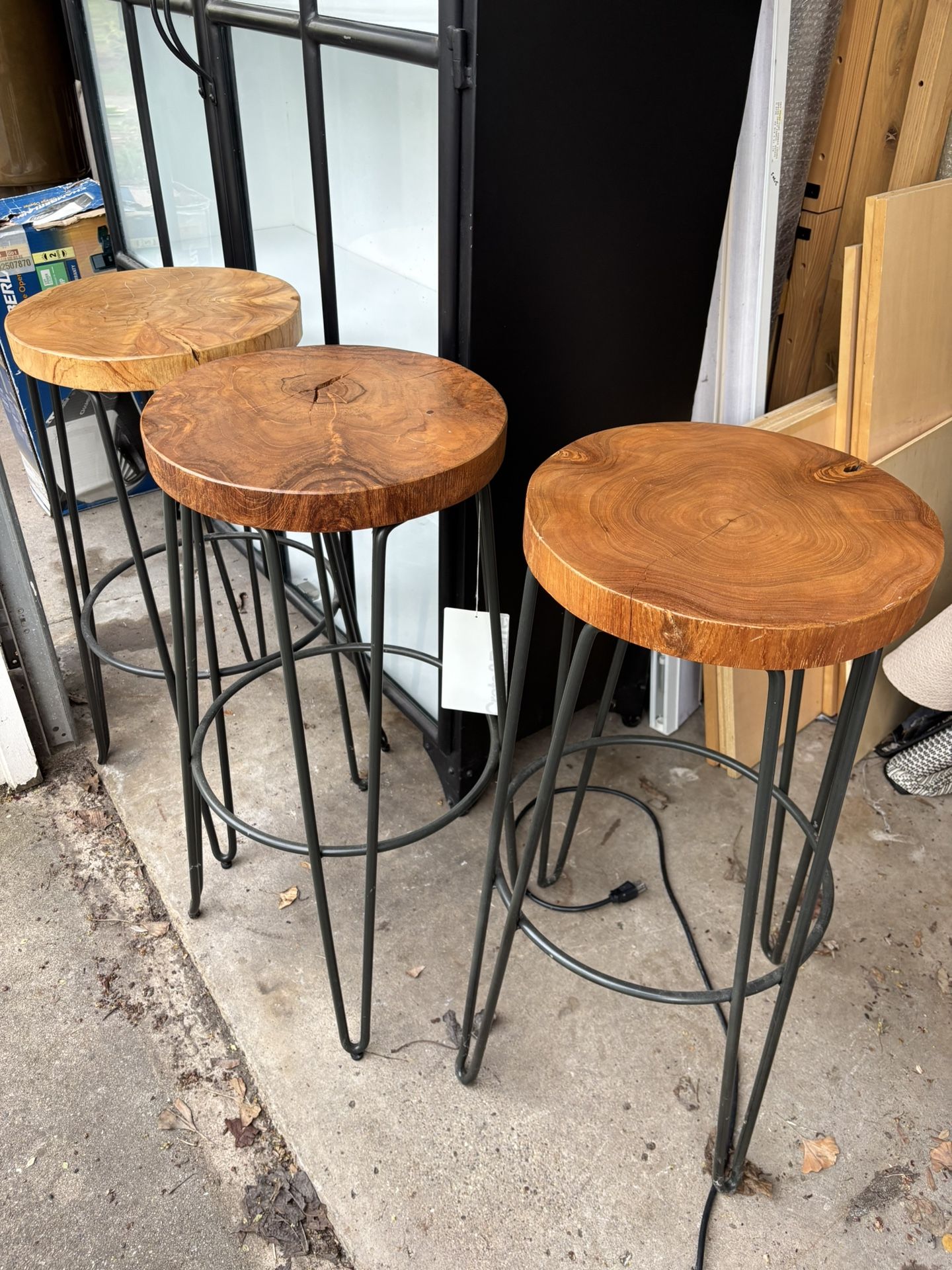 Crate and Barrel Origin Stools—3 of them—teak wood and iron base