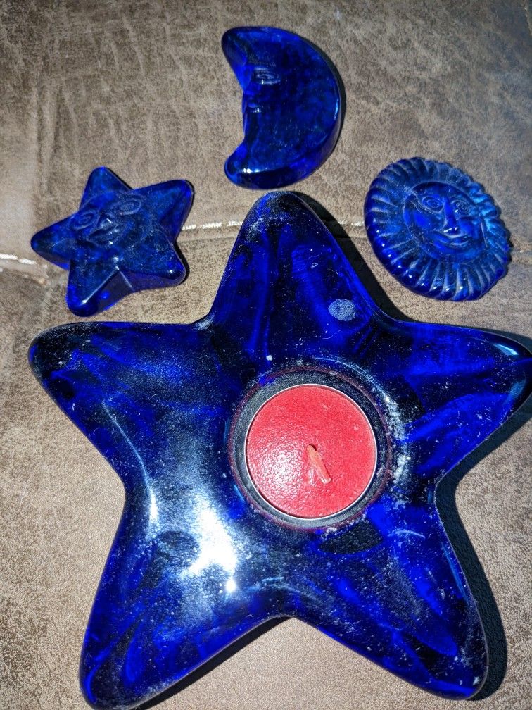 Blue Glass Star Candle Holder and Sun - Moon- Star