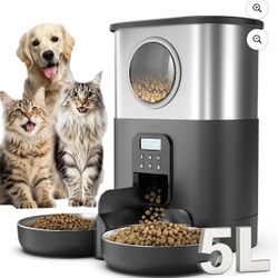 FWMB 5L/20 Cups Automatic Cat Feeders with Recording Function, Timed Cats Dry Food Dispenser with 2 Stainless Steel Bowl for Pet- Black
