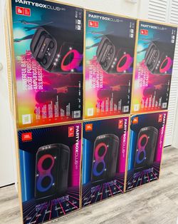 Powerful JBL PartyBox Club 120 speakers. Has powerful bass boost, futuristic lightshow. Multi-speaker connection, dual mic and guitar inputs. Foldable