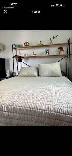 Metal and Wood Shelf Headboard Bed Frame