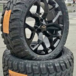 22” SNOWFLAKE WHEELS GLOSS BLACK + OFF-ROAD TIRES (4) NEW-WE FINANCE 