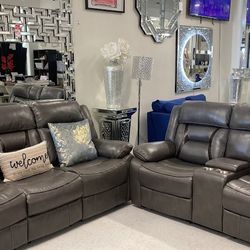 Gray Leather Sofa & Loveseat