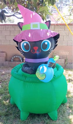 Halloween Inflatable Black Cat Witch Cauldron Decoration