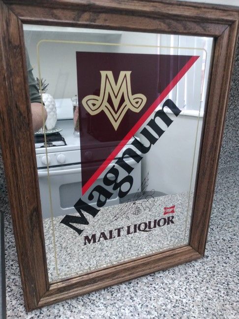 vintage 1980S "MAGNUM" MALT LIQUOR BAR MIRROR sign MILLER WOOD FRAME BEER 18X14"