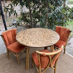 Free Delivery - Vintage Mid-Century Boho Bamboo & Velvet Pacific Rattan Products Dining Table & Chairs Set 