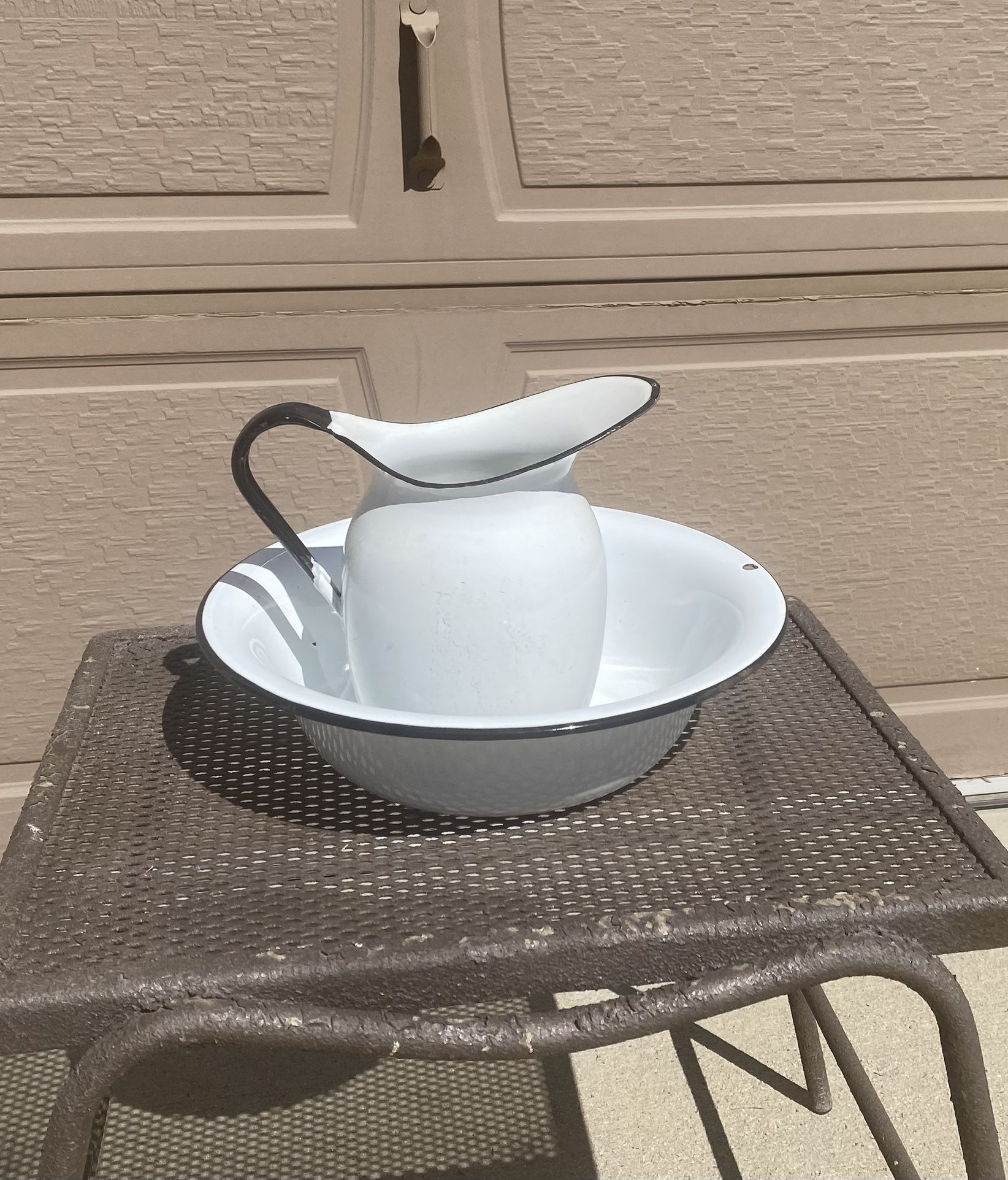 Antique White Enamel Rustic Metal Pitcher and Bowl.