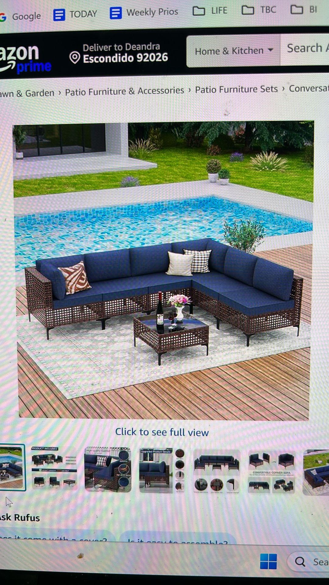 7 Piece Outdoor Patio Furniture Set. Blue Cushions With Grey Rattan Base, And Glass Table