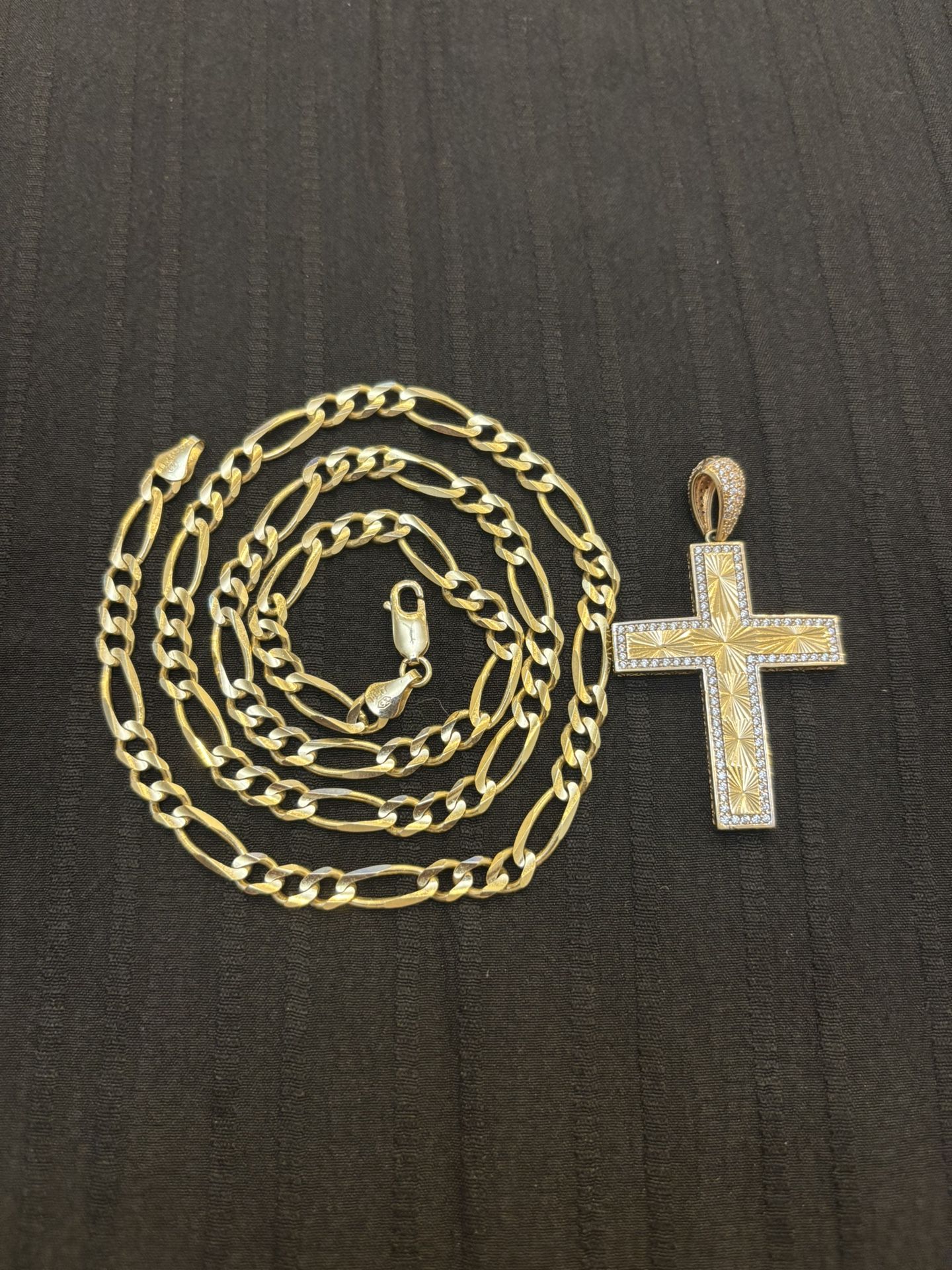 14k Solid Gold Figaro Chain Cross Pendant 24 Inch