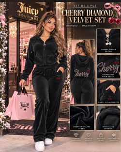 Cherry Diamond Velvet Tracksuit Set Black 2-Piece